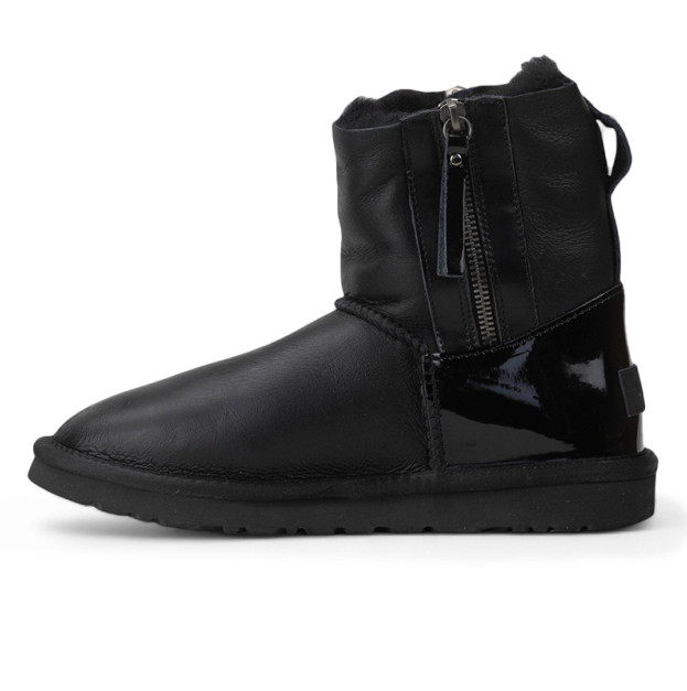 UGG Classic Short Double Zip Black Leather Lacquer